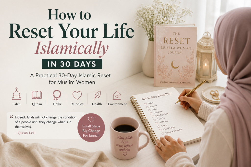 Muslim woman journaling at a desk with an Islamic reset journal, salah tracker, Qur’an, dhikr, and 30-day habit plan