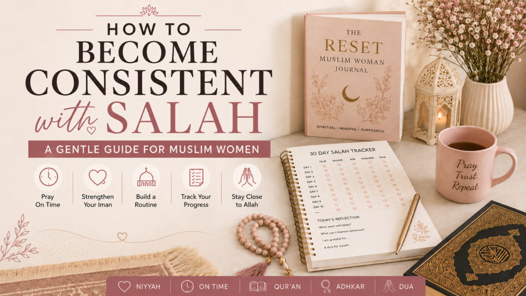 Islamic salah tracker journal with Qur’an, prayer beads, mug, and soft feminine desk setup for Muslim women building a consistent prayer routine
